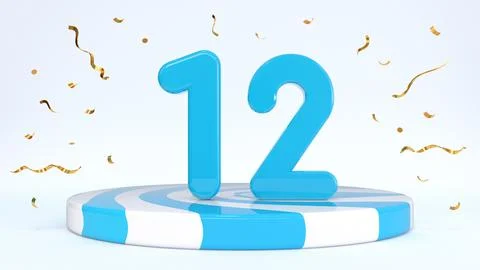 Text 12 standing on a striped stand, podium, stage surrounded by confetti. Gr Stock Illustration
