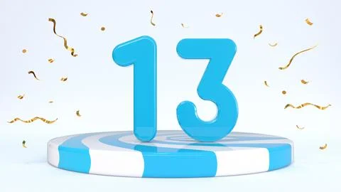 Text 13 standing on a striped stand, podium, stage surrounded by confetti. Gr Stock Illustration