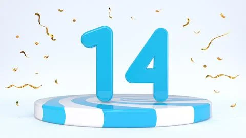 Text 14 standing on a striped stand, podium, stage surrounded by confetti. Gr Stock Illustration