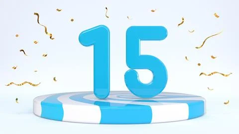 Text 15 standing on a striped stand, podium, stage surrounded by confetti. Gr Stock Illustration