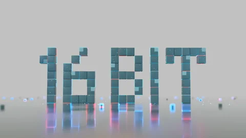 Text 16 bit of glowing pixels seamless loop 3D render animation Stock Footage 120380777