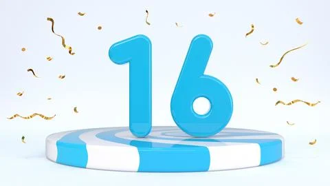 Text 16 standing on a striped stand, podium, stage surrounded by confetti. Gr Stock Illustration