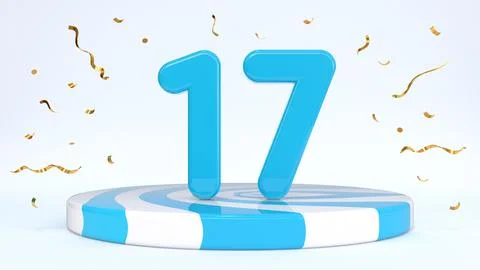 Text 17 standing on a striped stand, podium, stage surrounded by confetti. Gr Stock Illustration