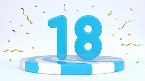 Text 18 standing on a striped stand, podium, stage surrounded by confetti. Gr Stock Illustration