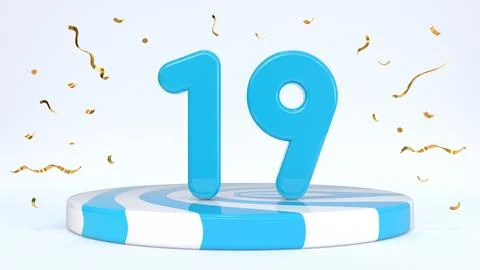 Text 19 standing on a striped stand, podium, stage surrounded by confetti. Gr Stock Illustration