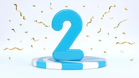 Text 2 standing on a striped stand, podium, stage surrounded by confetti. G.. Stock Illustration