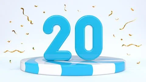 Text 20 standing on a striped stand, podium, stage surrounded by confetti. Gr Stock Illustration