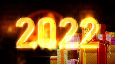 Text 2022 with many present boxes and lighting grate - abstract 3D rendering イラスト素材