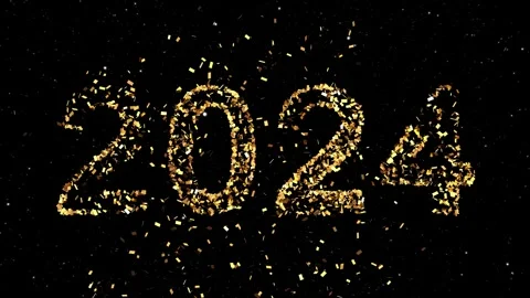 Text 2024 which appears thanks to thrown confetti - starfield background 스톡 동영상 253225585