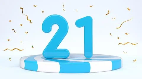 Text 21 standing on a striped stand, podium, stage surrounded by confetti. Gr Stock Illustration