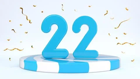 Text 22 standing on a striped stand, podium, stage surrounded by confetti. Gr Stock Illustration