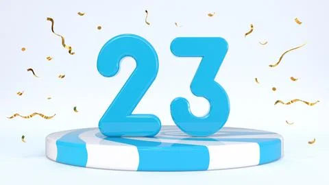 Text 23 standing on a striped stand, podium, stage surrounded by confetti. Gr Stock Illustration