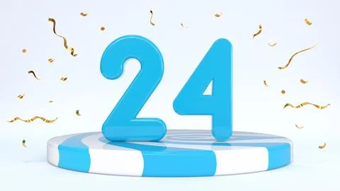 Text 24 standing on a striped stand, podium, stage surrounded by confetti. Gr Stock Illustration