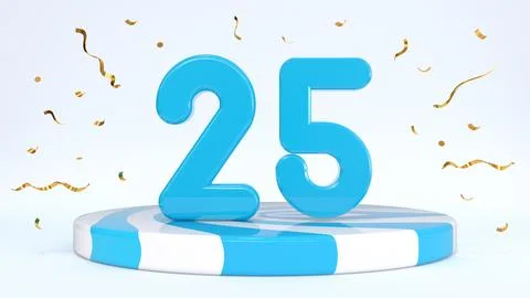 Text 25 standing on a striped stand, podium, stage surrounded by confetti. Gr Stock Illustration