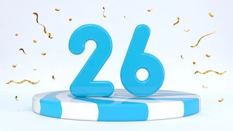 Text 26 standing on a striped stand, podium, stage surrounded by confetti. Gr Stock Illustration
