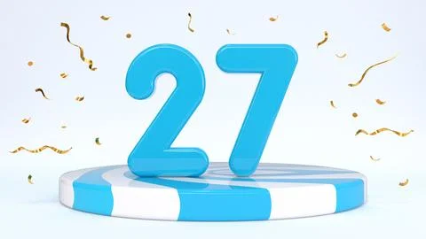 Text 27 standing on a striped stand, podium, stage surrounded by confetti. Gr Stock Illustration