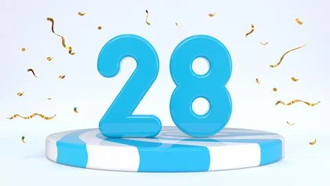 Text 28 standing on a striped stand, podium, stage surrounded by confetti. Gr Stock Illustration
