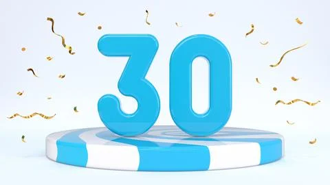 Text 30 standing on a striped stand, podium, stage surrounded by confetti. Gr Stock Illustration