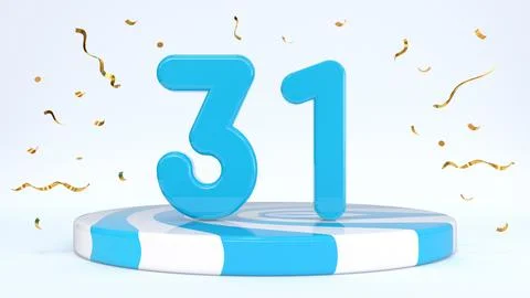 Text 31 standing on a striped stand, podium, stage surrounded by confetti. Gr Stock Illustration