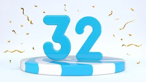 Text 32 standing on a striped stand, podium, stage surrounded by confetti. Gr Stock Illustration