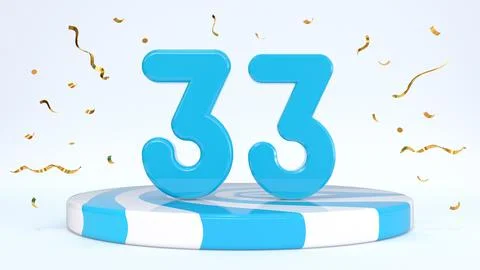 Text 33 standing on a striped stand, podium, stage surrounded by confetti. Gr Stock Illustration