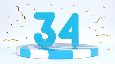 Text 34 standing on a striped stand, podium, stage surrounded by confetti. Gr Stock Illustration