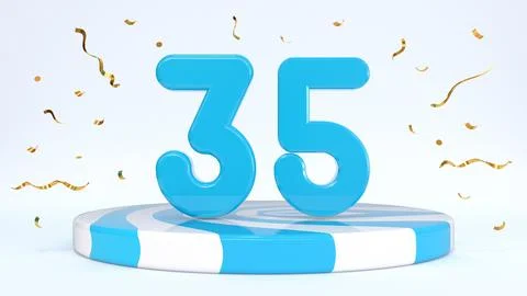 Text 35 standing on a striped stand, podium, stage surrounded by confetti. Gr Stock Illustration