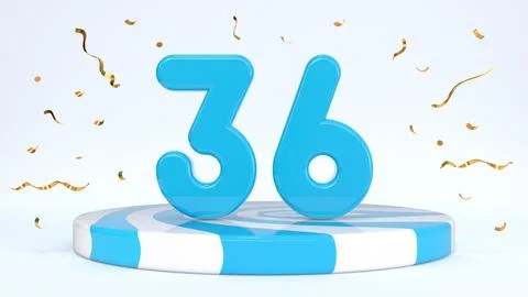 Text 36 standing on a striped stand, podium, stage surrounded by confetti. Gr Stock Illustration