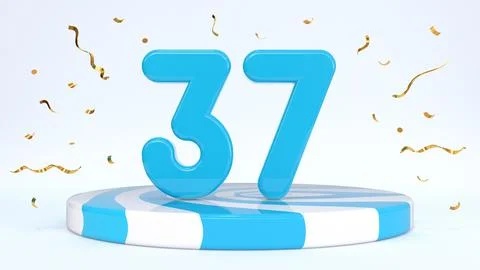 Text 37 standing on a striped stand, podium, stage surrounded by confetti. Gr Stock Illustration