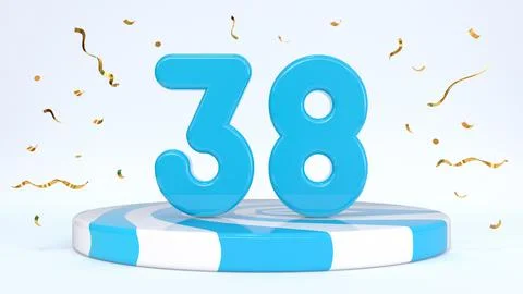 Text 38 standing on a striped stand, podium, stage surrounded by confetti. Gr Stock Illustration