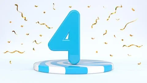 Text 4 standing on a striped stand, podium, stage surrounded by confetti. G.. Stock Illustration