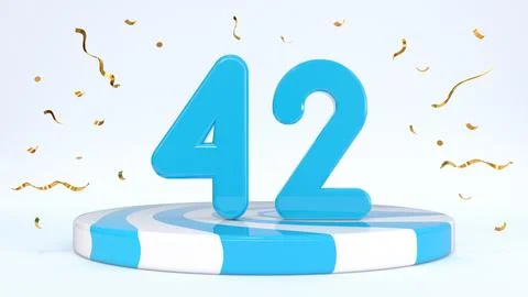 Text 42 standing on a striped stand, podium, stage surrounded by confetti. Gr Stock Illustration