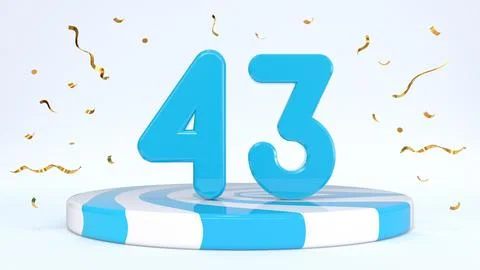 Text 43 standing on a striped stand, podium, stage surrounded by confetti. Gr Stock Illustration