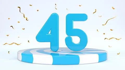 Text 45 standing on a striped stand, podium, stage surrounded by confetti. Gr Stock Illustration