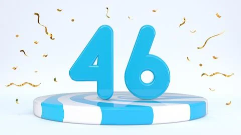Text 46 standing on a striped stand, podium, stage surrounded by confetti. Gr Stock Illustration
