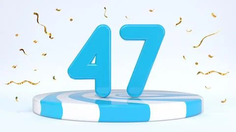 Text 47 standing on a striped stand, podium, stage surrounded by confetti. Gr Stock Illustration