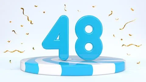 Text 48 standing on a striped stand, podium, stage surrounded by confetti. Gr Stock Illustration
