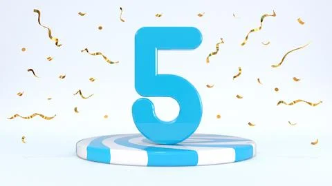 Text 5 standing on a striped stand, podium, stage surrounded by confetti. G.. Stock Illustration