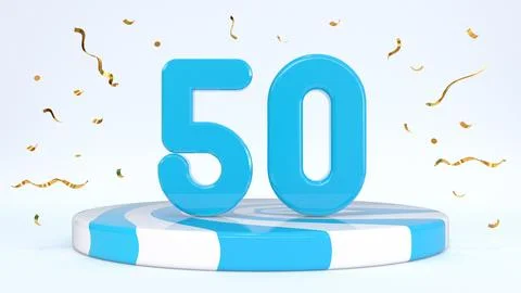 Text 50 standing on a striped stand, podium, stage surrounded by confetti. Gr Stock Illustration
