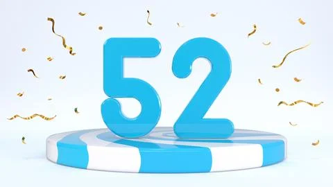 Text 52 standing on a striped stand, podium, stage surrounded by confetti. Gr Stock Illustration