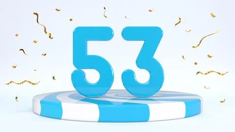 Text 53 standing on a striped stand, podium, stage surrounded by confetti. Gr Stock Illustration