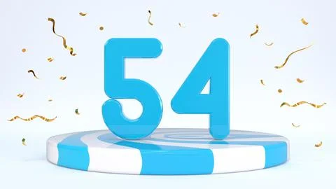Text 54 standing on a striped stand, podium, stage surrounded by confetti. Gr Stock Illustration