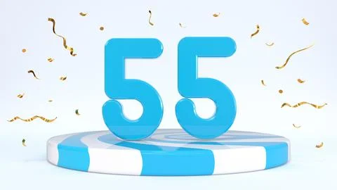 Text 55 standing on a striped stand, podium, stage surrounded by confetti. Gr Stock Illustration