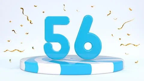 Text 56 standing on a striped stand, podium, stage surrounded by confetti. Gr Stock Illustration