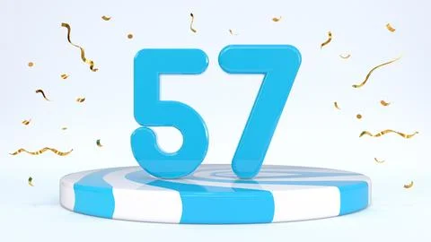 Text 57 standing on a striped stand, podium, stage surrounded by confetti. Gr Stock Illustration