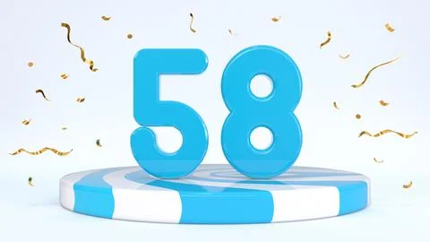 Text 58 standing on a striped stand, podium, stage surrounded by confetti. Gr Stock Illustration