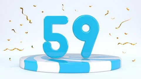Text 59 standing on a striped stand, podium, stage surrounded by confetti. Gr Stock Illustration