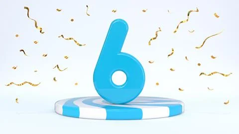 Text 6 standing on a striped stand, podium, stage surrounded by confetti. G.. Stock Illustration