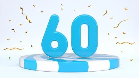 Text 60 standing on a striped stand, podium, stage surrounded by confetti. Gr Stock Illustration