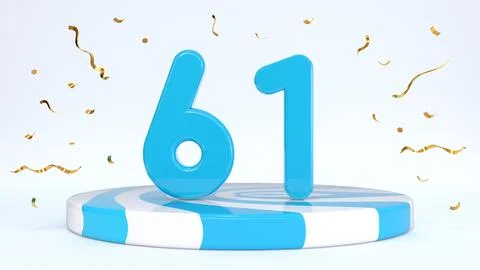 Text 61 standing on a striped stand, podium, stage surrounded by confetti. Gr Stock Illustration